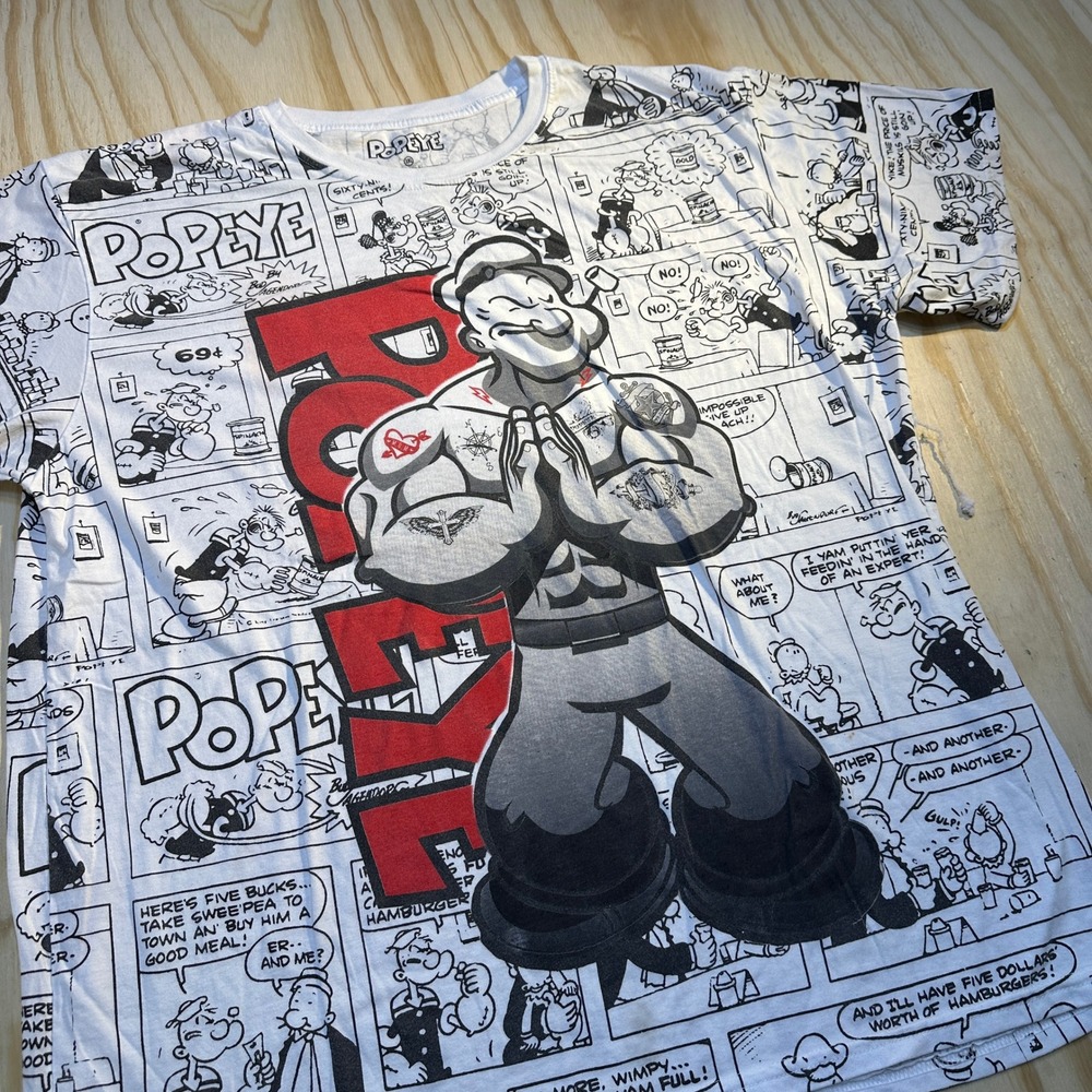 Popeye the Sailor Man Mens 3XL White Comic Strip All Over Print Graphic T-Shirt